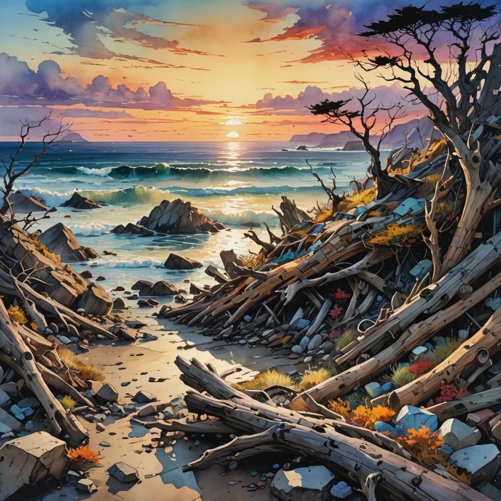 Ocean Sunset Watercolor Painting in Fantasy Style