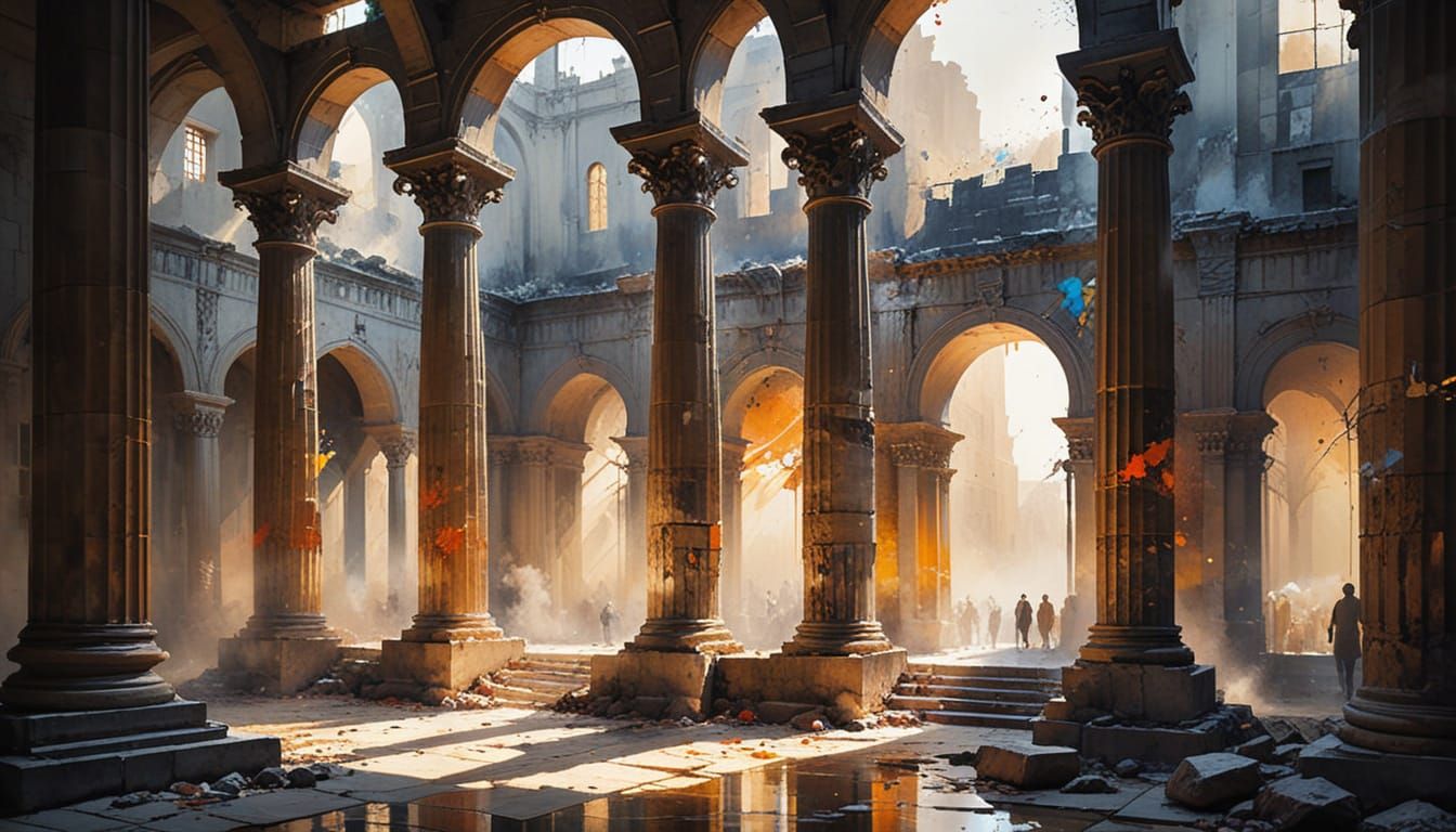Roman Temple Interior with Prismatic Light, Watercolor Style