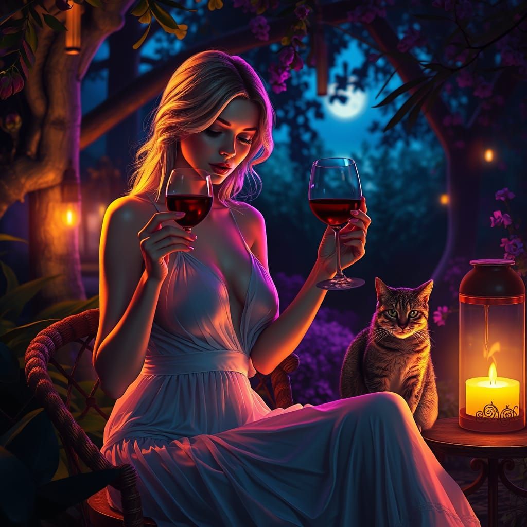 Woman in Garden at Dusk, Dark Fantasy Concept Art
