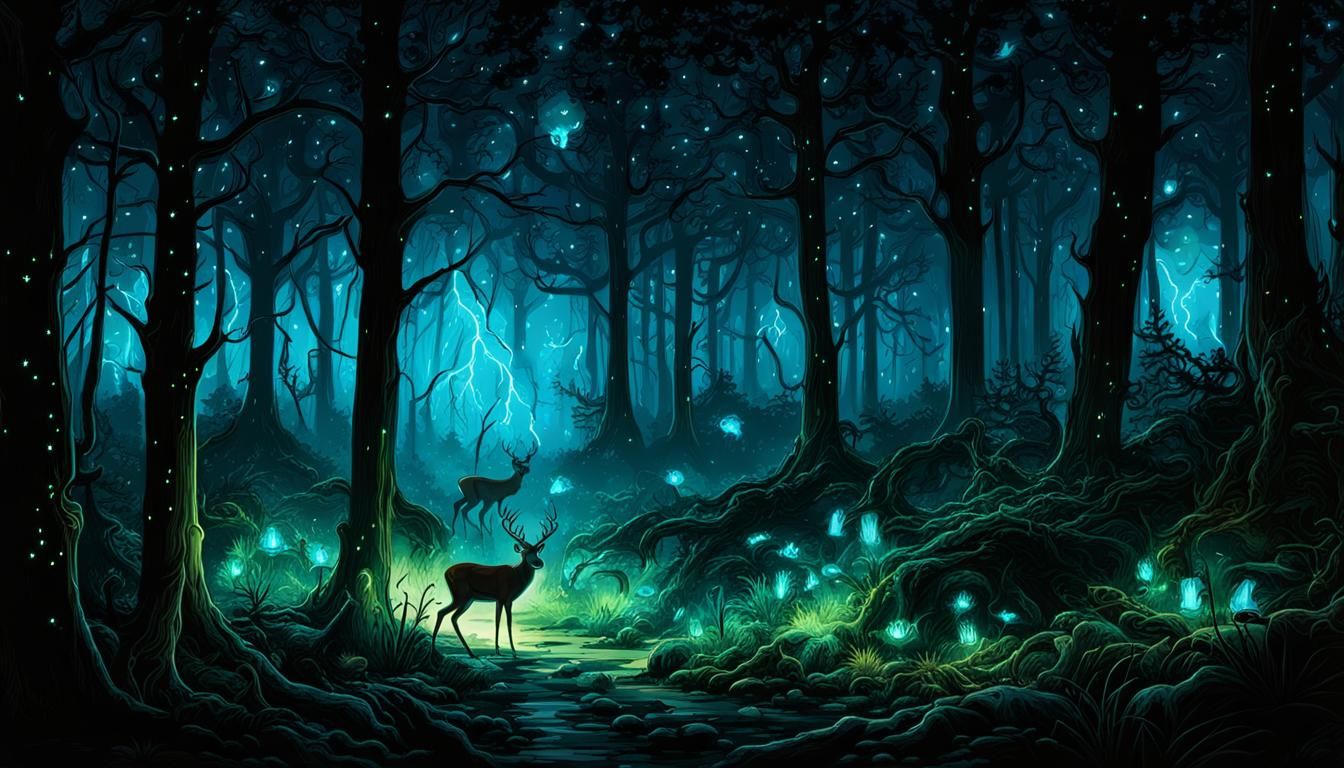 Bioluminescent Forest Animals at Night