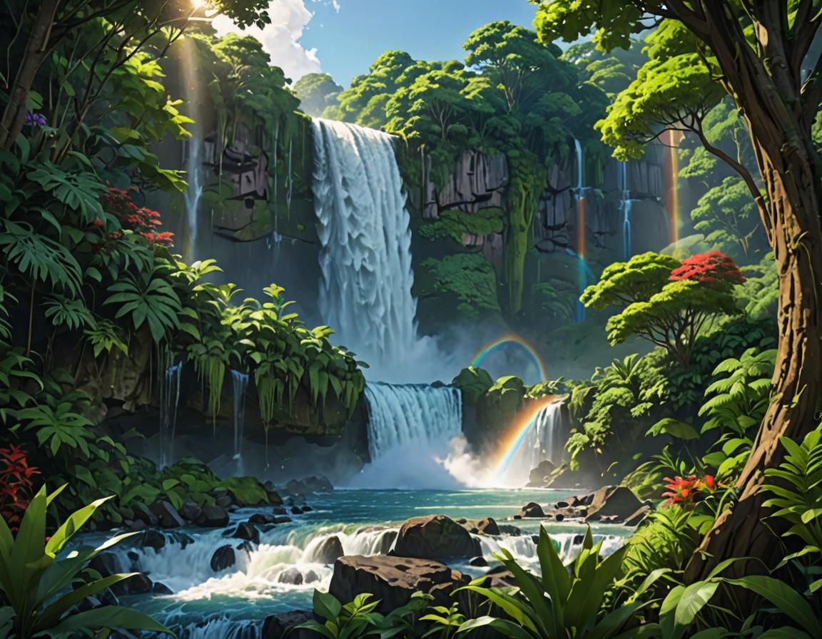 Rainbow Waterfall in Lush Vegetation: 3D Anime Art
