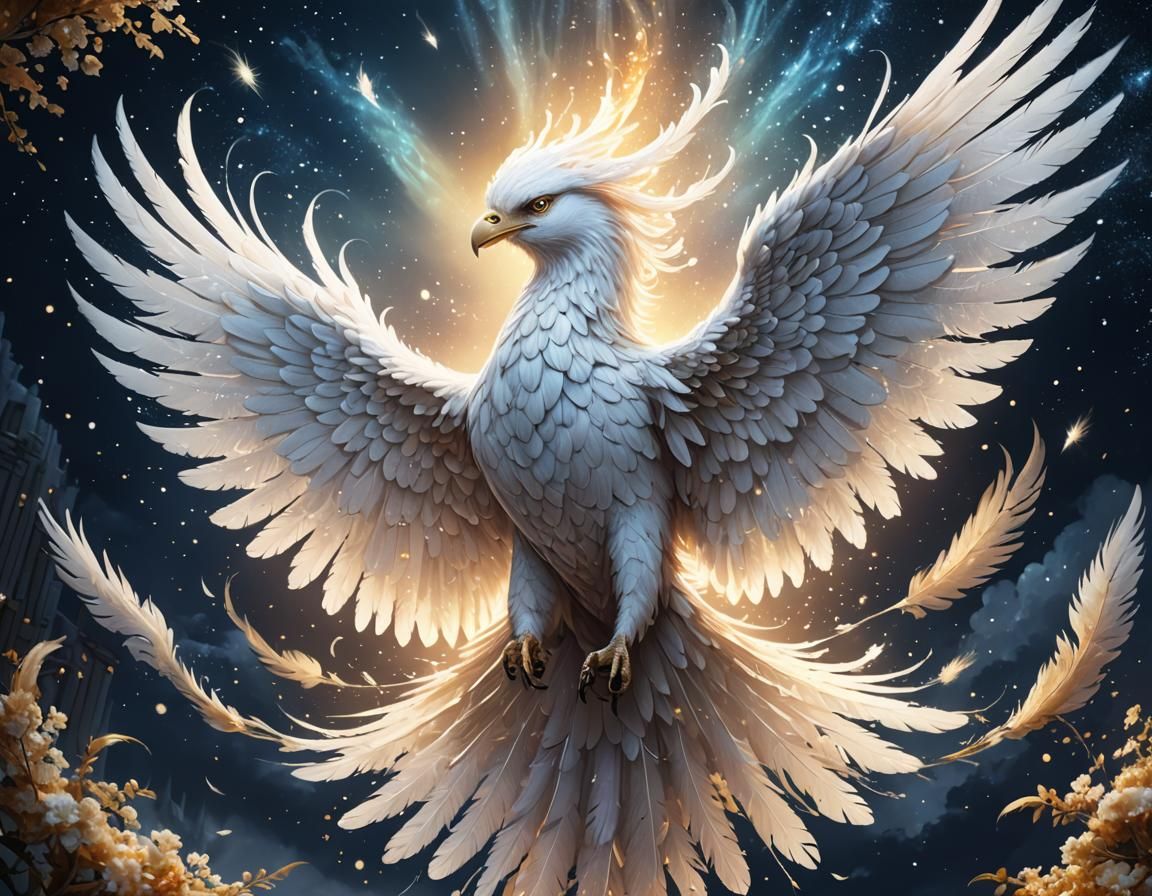 Ethereal White Phoenix Soaring in a Starlit Sky