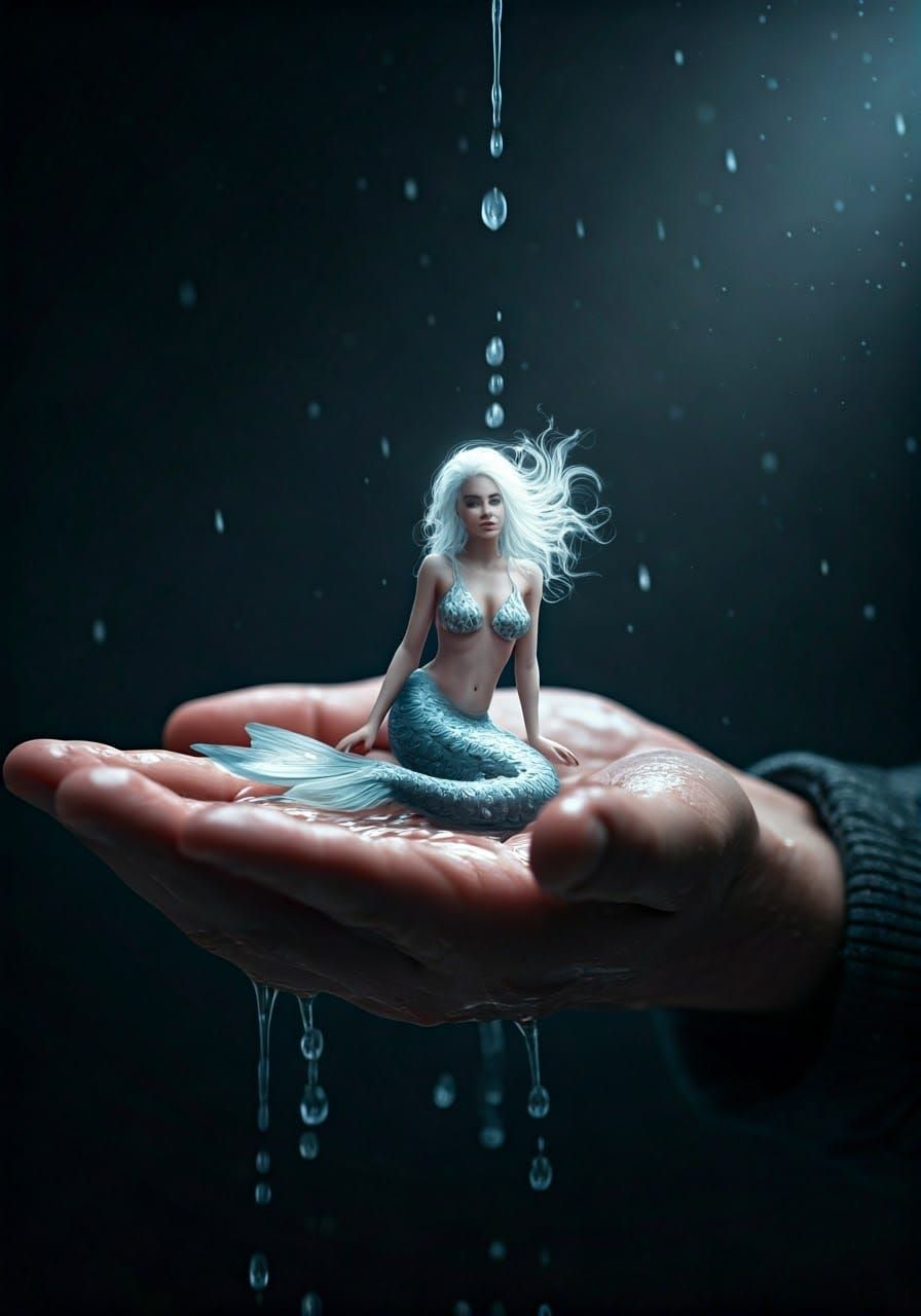 Hyperrealistic Mermaid in Hand, Dripping Water