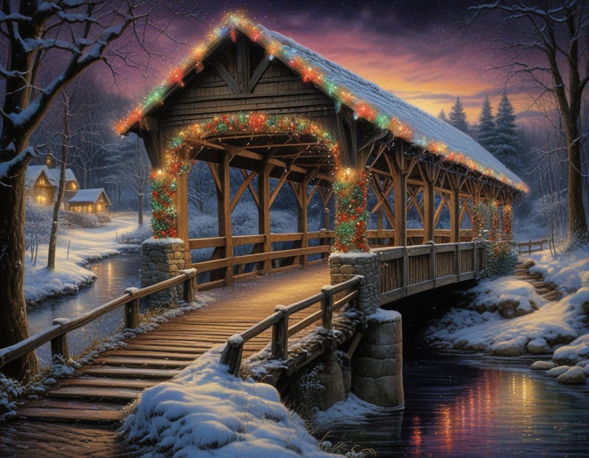 Magical Winter Bridge in Ethereal Darkness