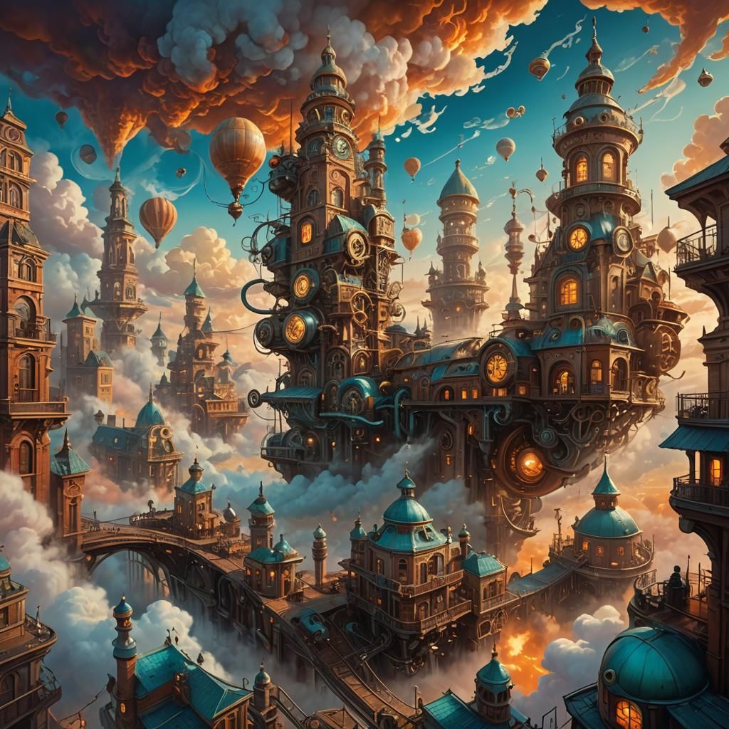 Steampunk Cityscape in Surrealist Art Nouveau Style