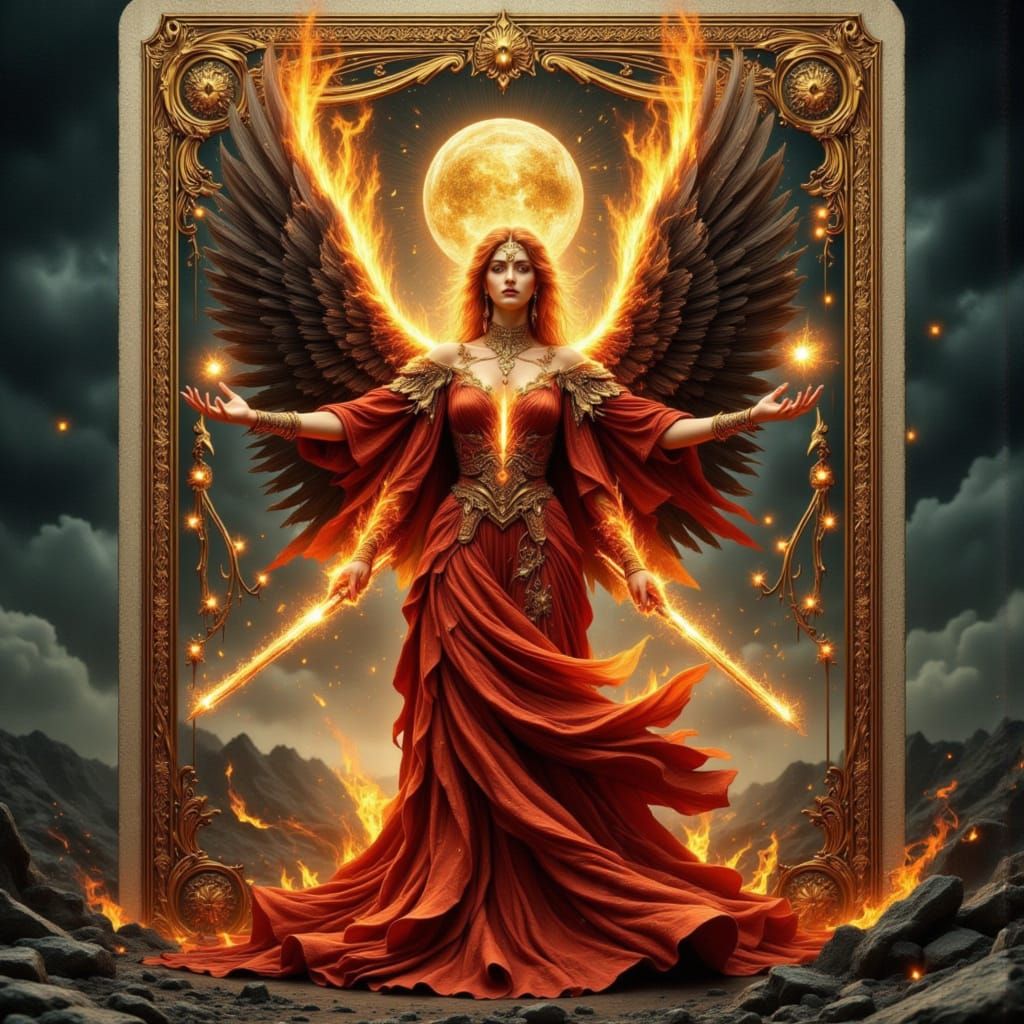 Flaming Angel Emerges from Ornate Playing Card