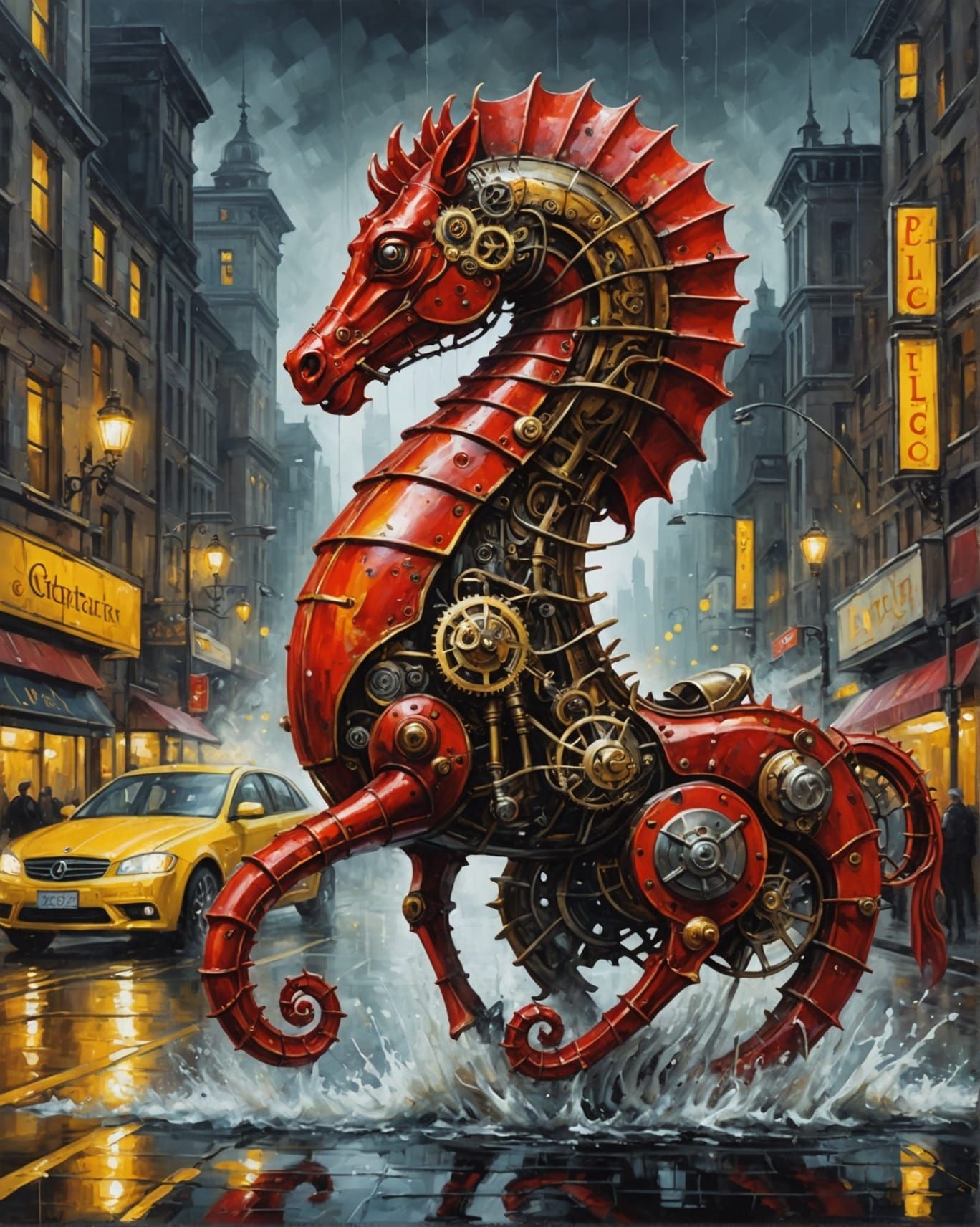 Steampunk Seahorse Races Through City at Night