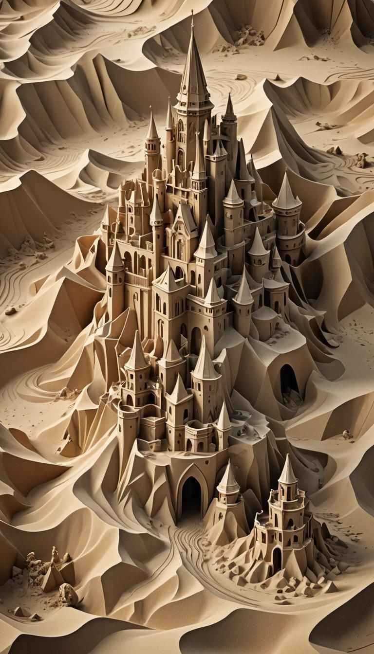 Surreal Fractal Sand Castle in Origami Papercraft Style