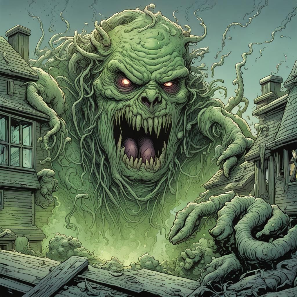 Grotesque Green Sludge Monster in Comic Book Art