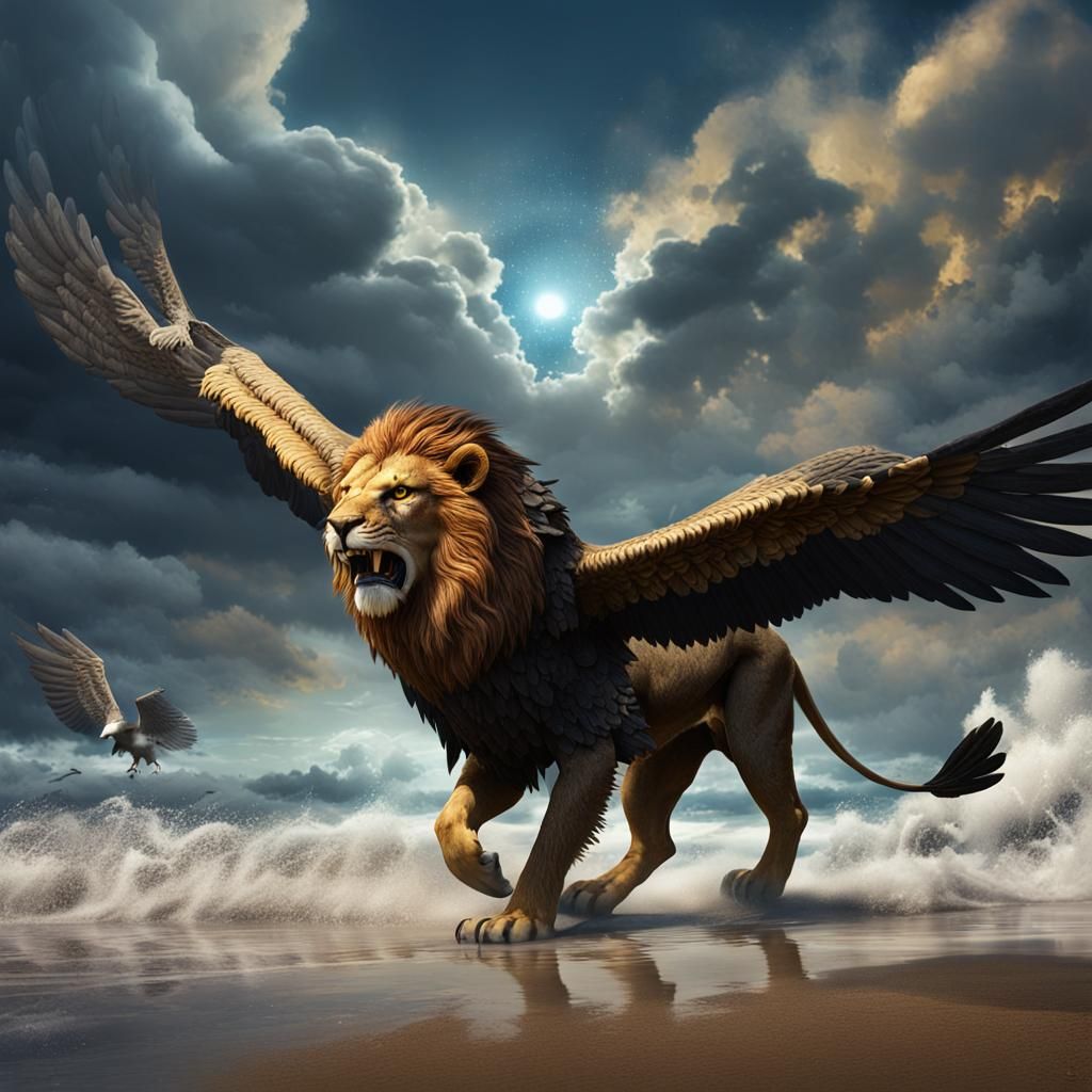 Winged Lion Emerges from Stormy Sea