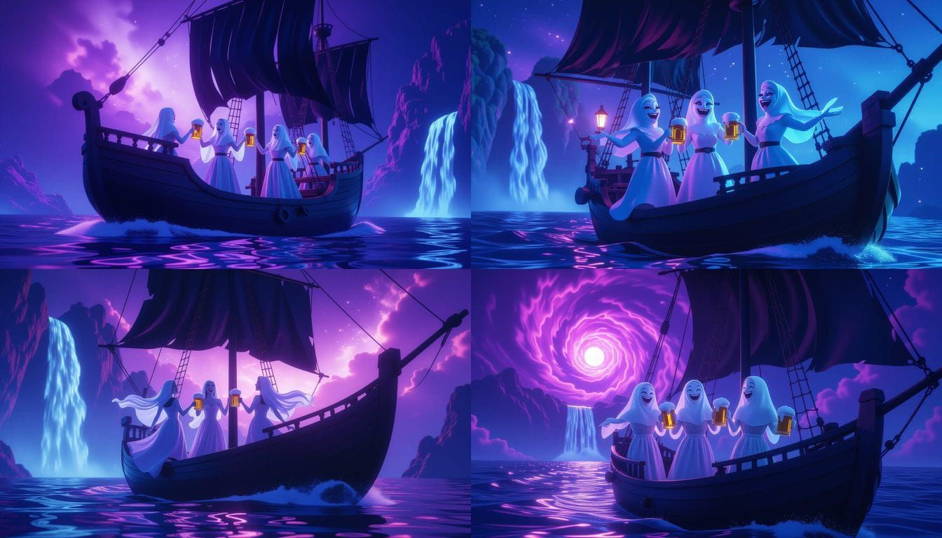 Ghostly Maidens Celebrate with Beer Mugs in Space Nebula