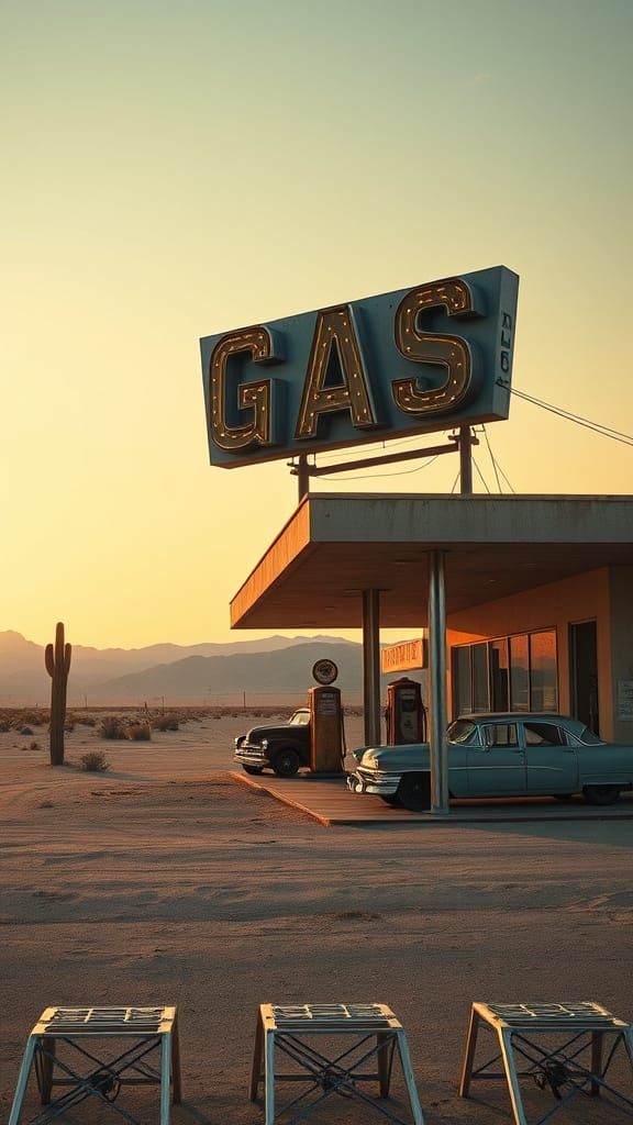 Surreal Sunset Gas Station in the Nevada Desert