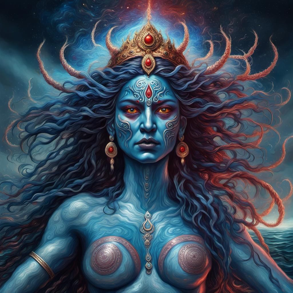 Goddess Kali in Dark Sea: Cosmic Illustration