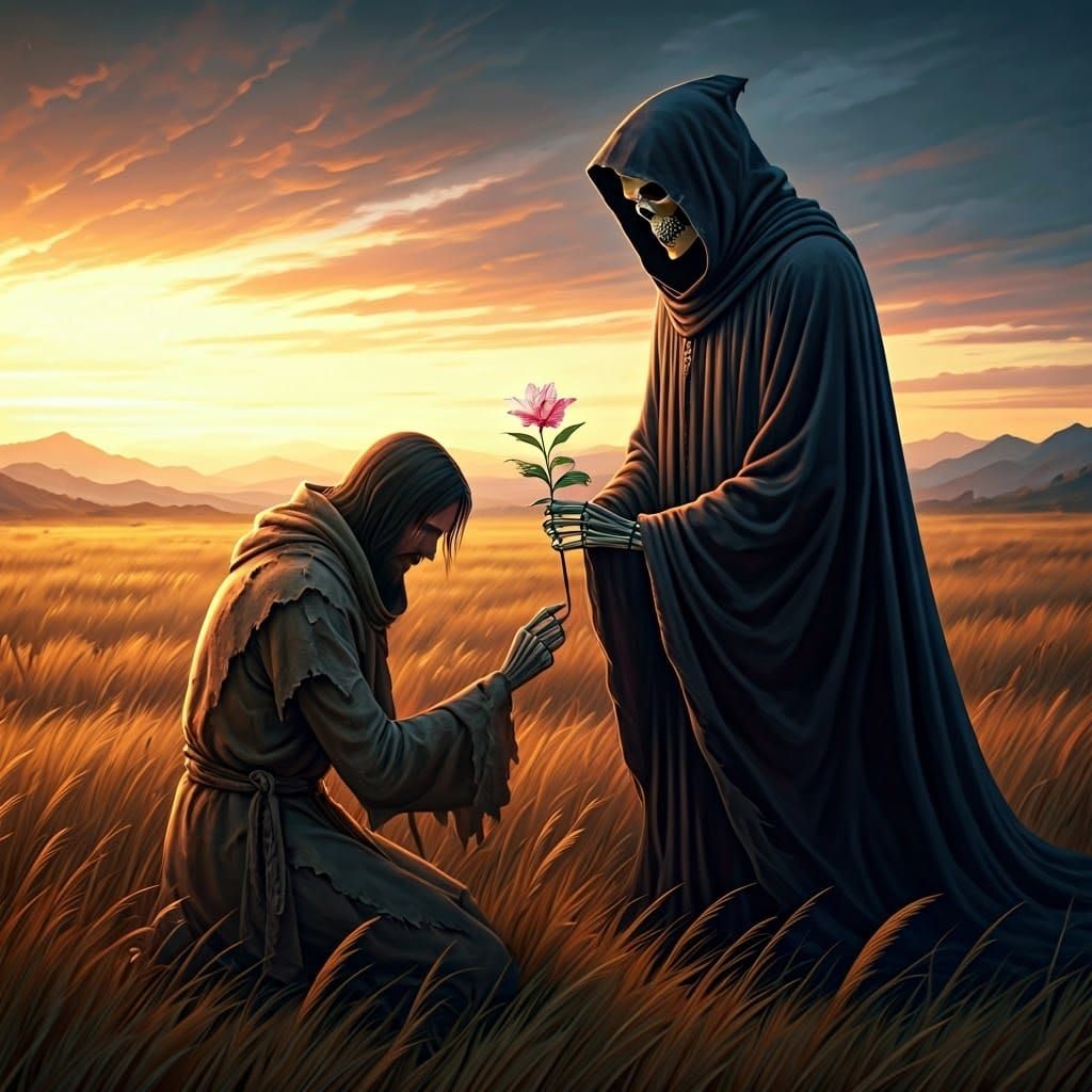 Grim Reaper Offers Flower in Serene Field