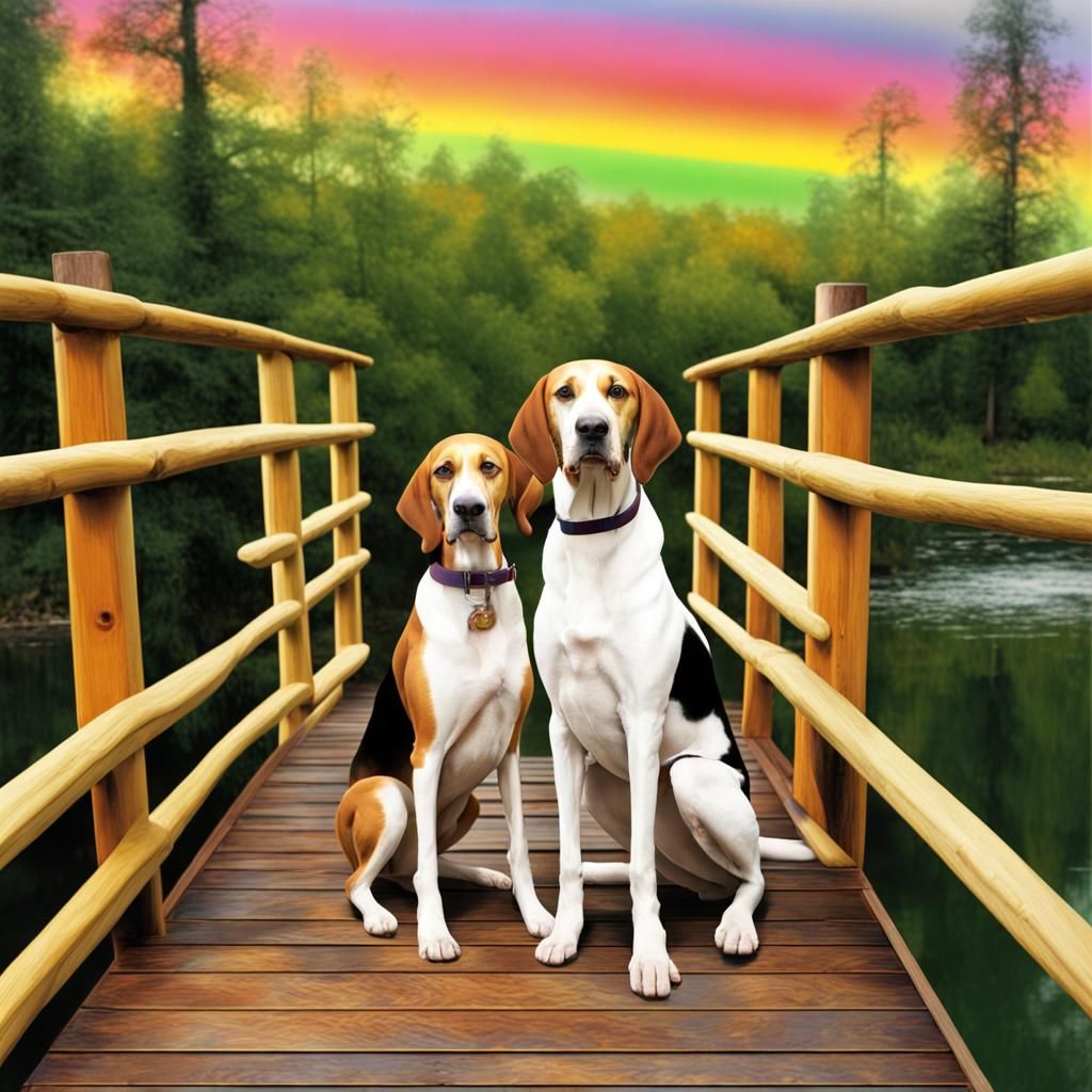 a treeing walker coonhound, solid smooth brown head and long ears, solid white muzzle standing with her buddy an old fat...