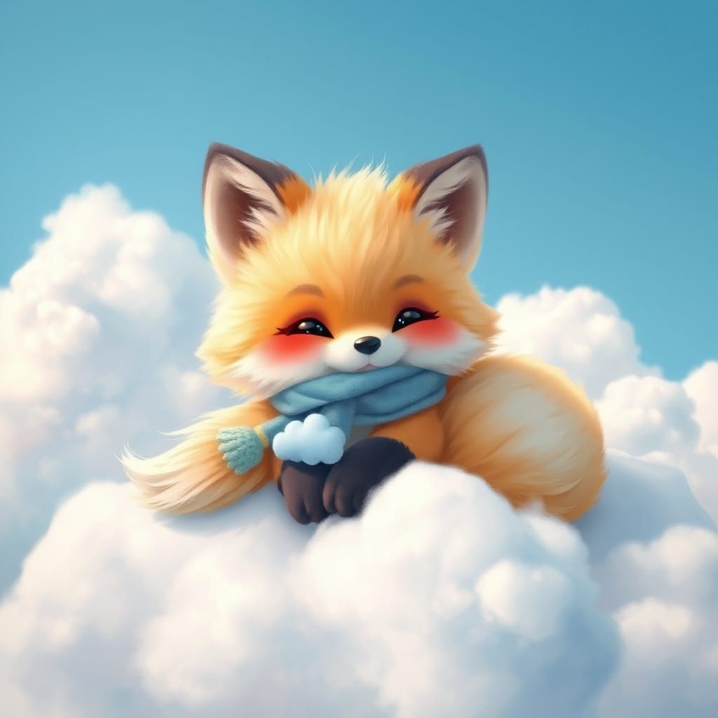 Pastel Rainbow Fox Lounging on Clouds