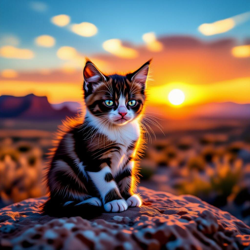 Grumpy Kitten on Rock Amidst Desert Sunset