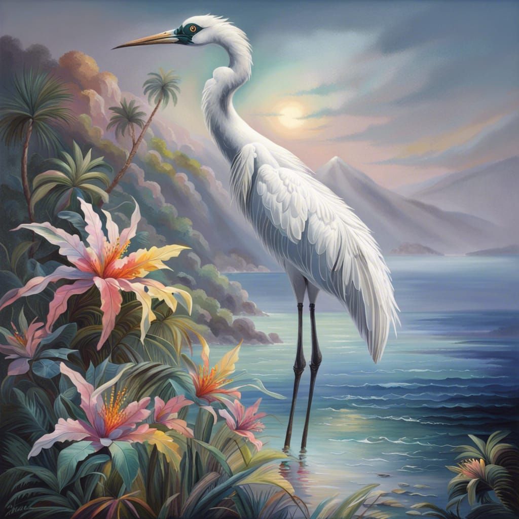 white sea crane standing alone in sea of rippling deep blue water, james audubon, thomas kinkade, splash art, group of ...