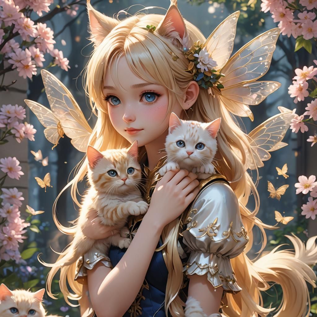 Blonde Fairy Cat Holding Kitten: 3D Anime Art
