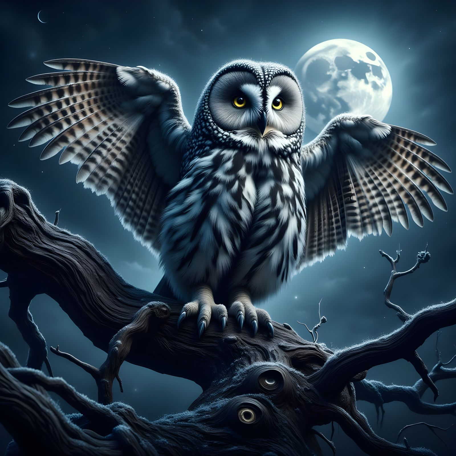 Majestic Owl in a Gnarled Tree Under a Starry Night Sky