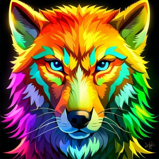 Iridescent Chibi Wolf Portrait in Vibrant Fantasy Art