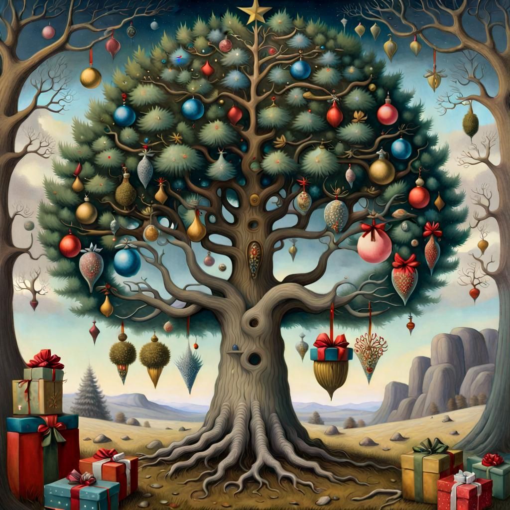 Yggdrasil Tree of Life Christmas Tree in Watercolor