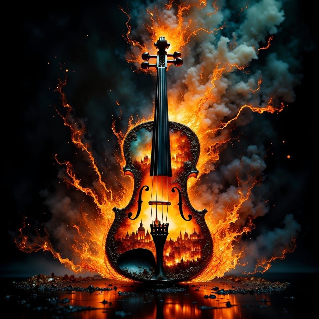 Flaming Violin: Burning City Double Exposure Masterpiece