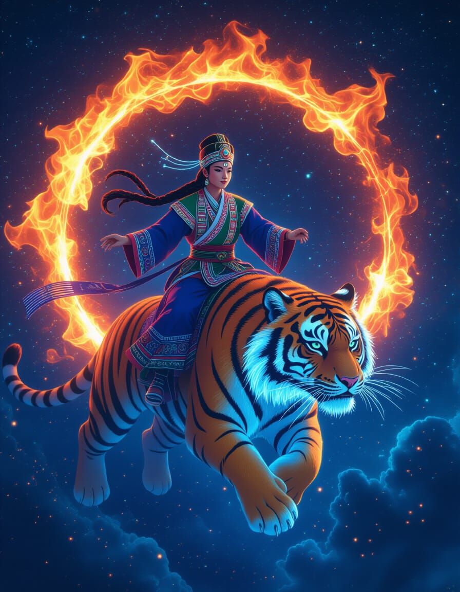 envision a Hmong deity as the star of a cosmic circus, ridin...