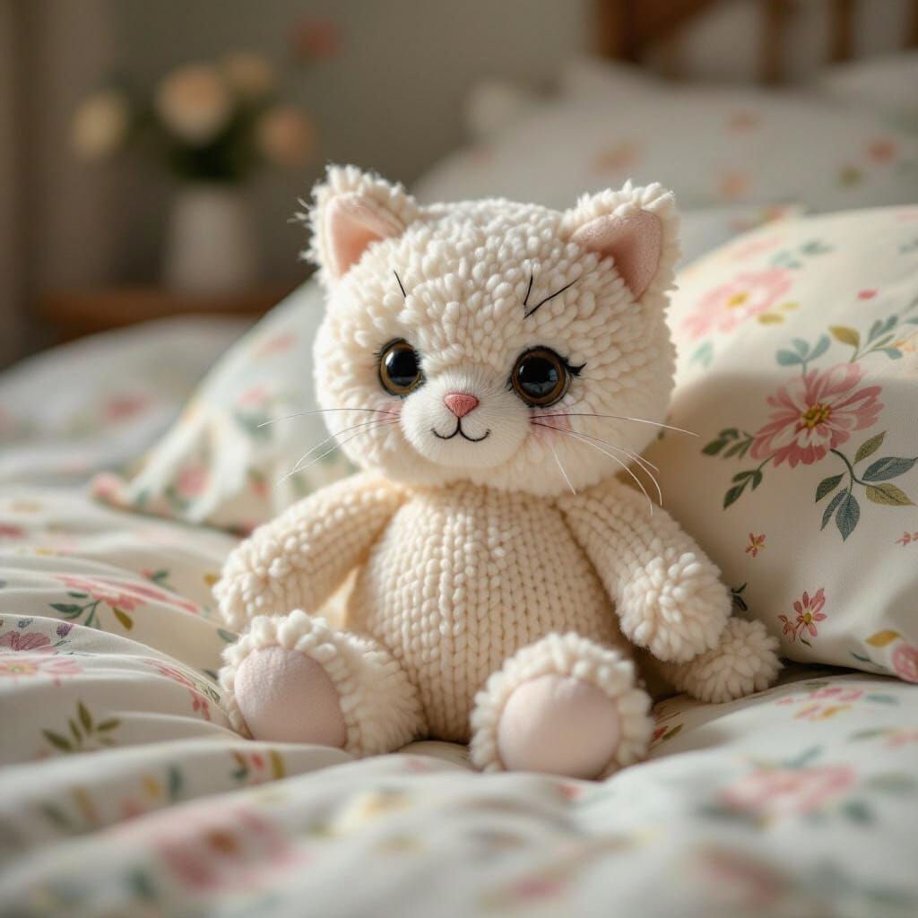 Fluffy Knitted Cat Sits on Floral Bed in Dreamy Style
