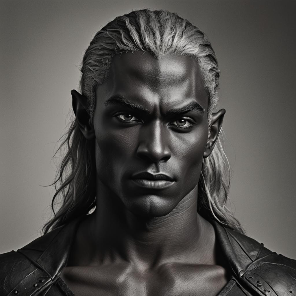 Hyperrealistic Drow Portrait in Monochromatic Photography St...