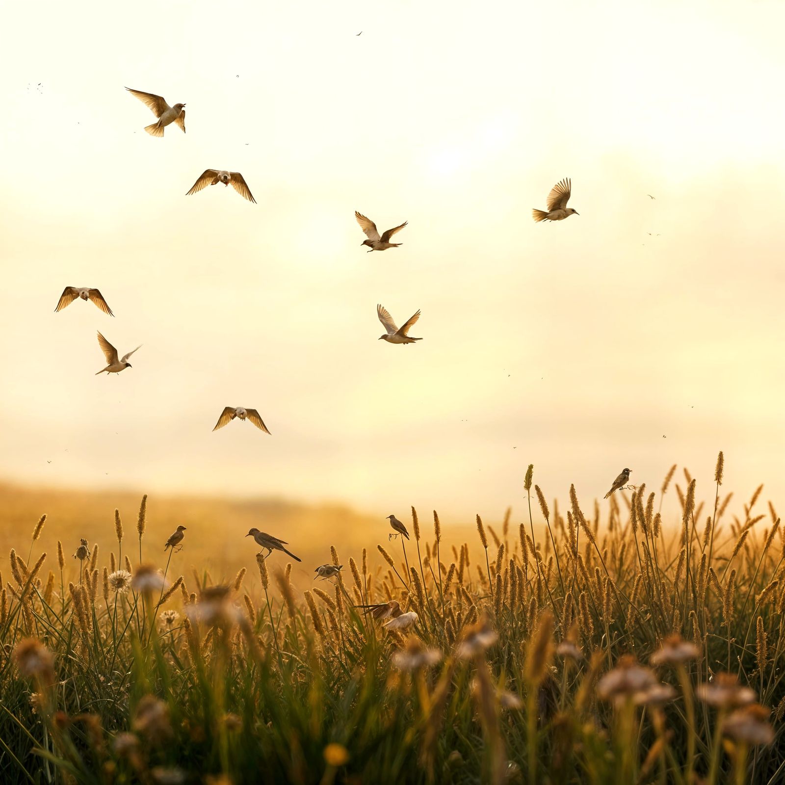 Ethereal Landscape with Flock in Flight