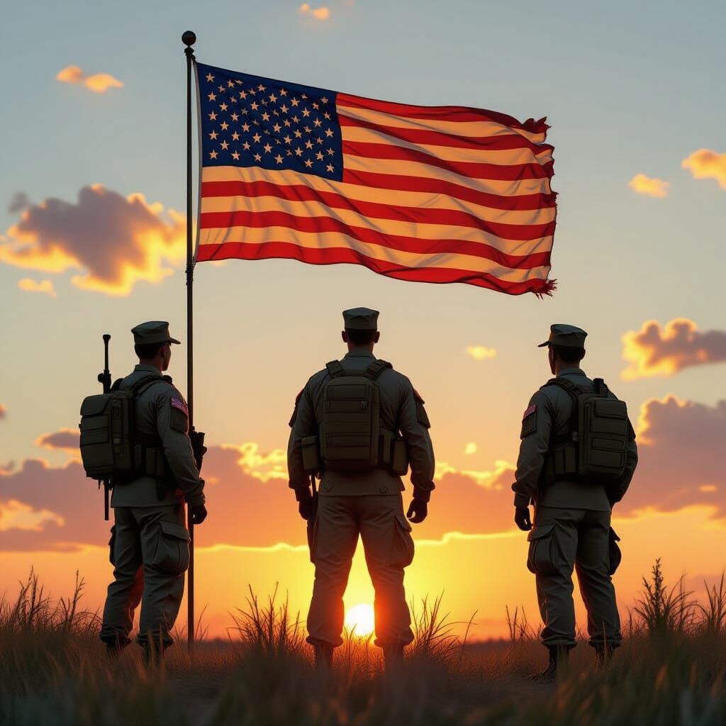 American Servicemen Against Flag at Golden Hour