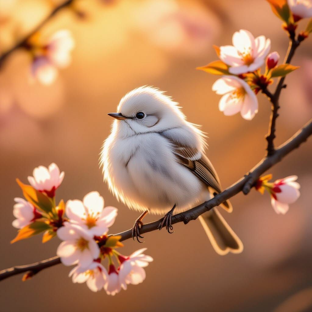 Fluffy White Bird on Autumn Cherry Blossom, Impressionistic ...