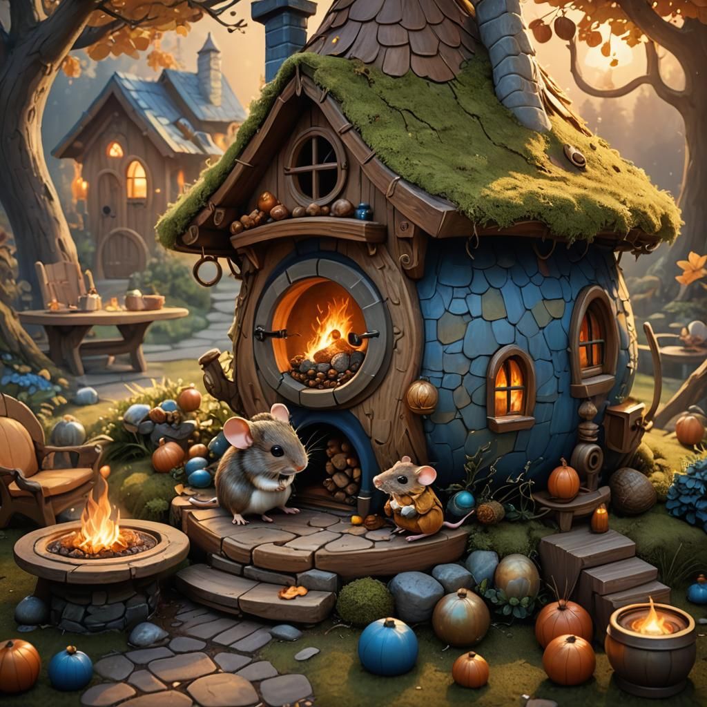 Mouse in Acorn House: Whimsical Fantasy Art
