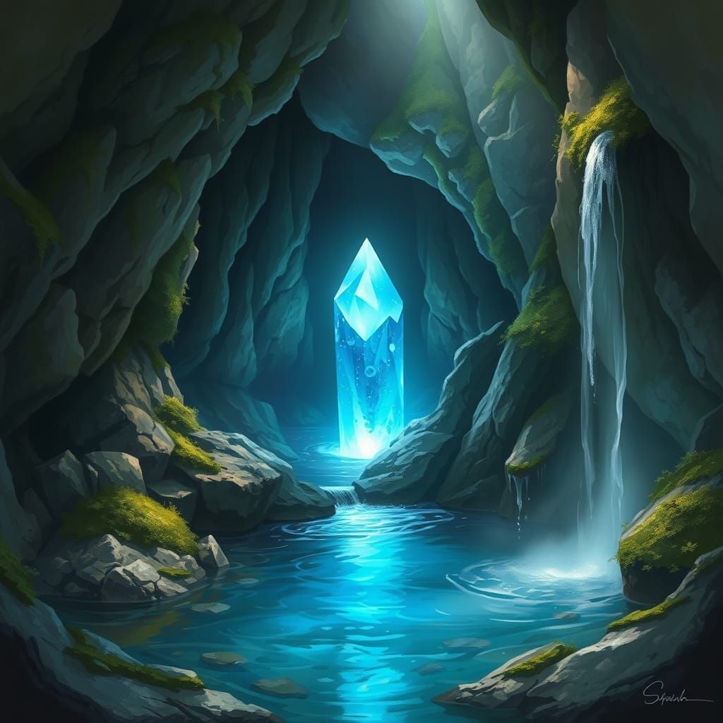 Luminous Blue Crystal in Hidden Grotto, Painterly Style