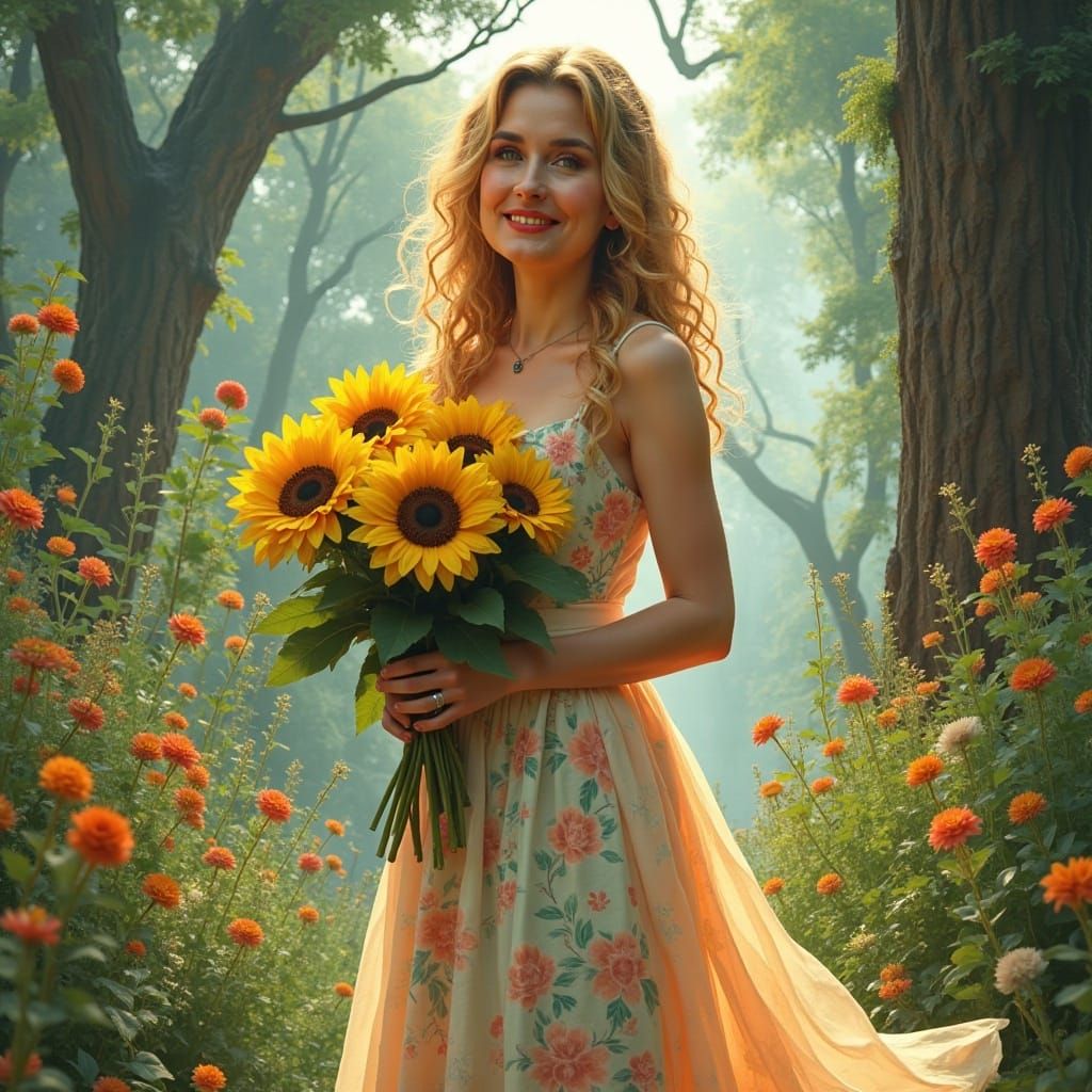 Woman with Sunflowers in Enchanted Garden