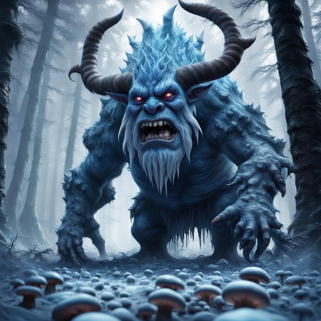 Scary Horned Ogre in Frozen Taiga Forest