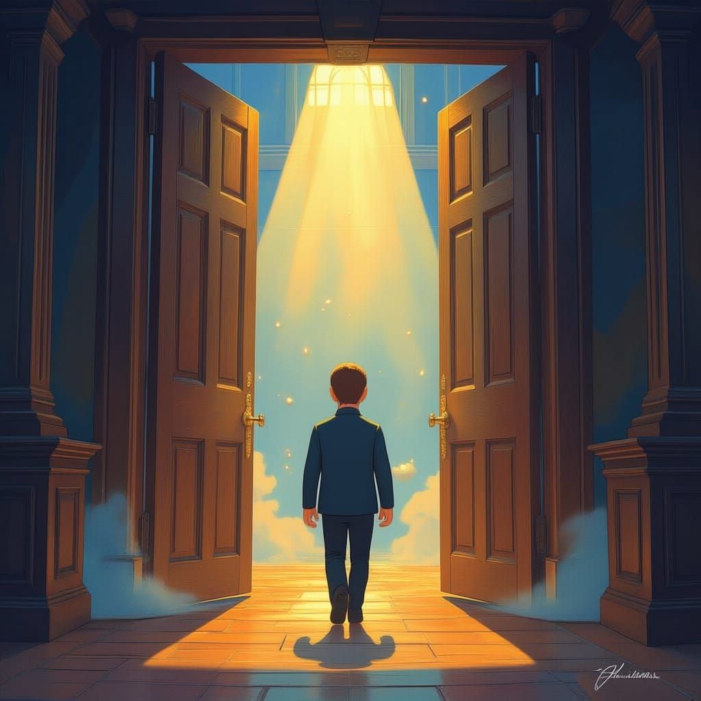 Man Enters Dark Room Through Sunlit Oak Door