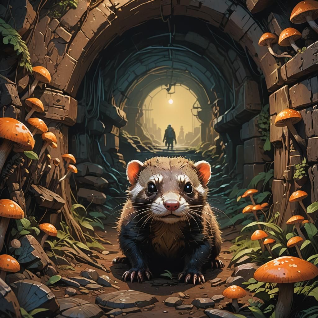 Ferret Navigating Ancient Tunnels as Fantasy Art