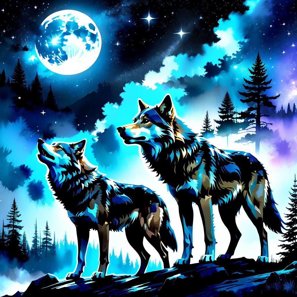 Moody Watercolor Wolves in a Starry Galaxy