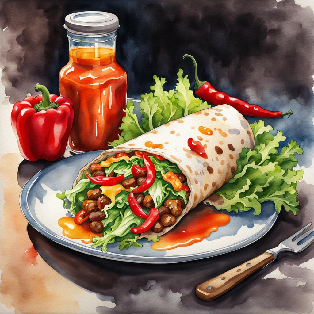 Watercolor Burrito with Peppers and Hot Sauce