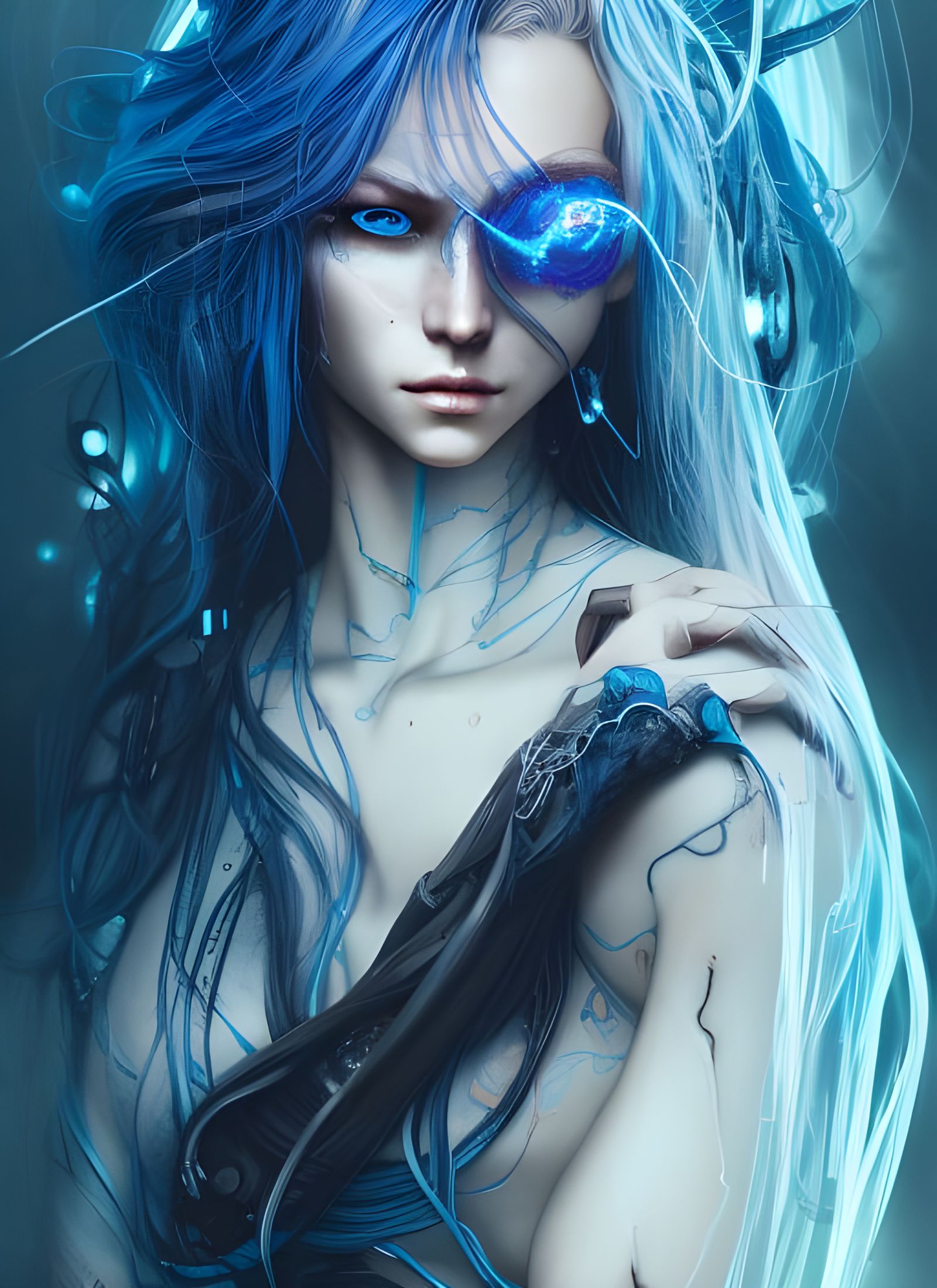 Cyberpunk Goddess with Blue Hair: Digital Illustration