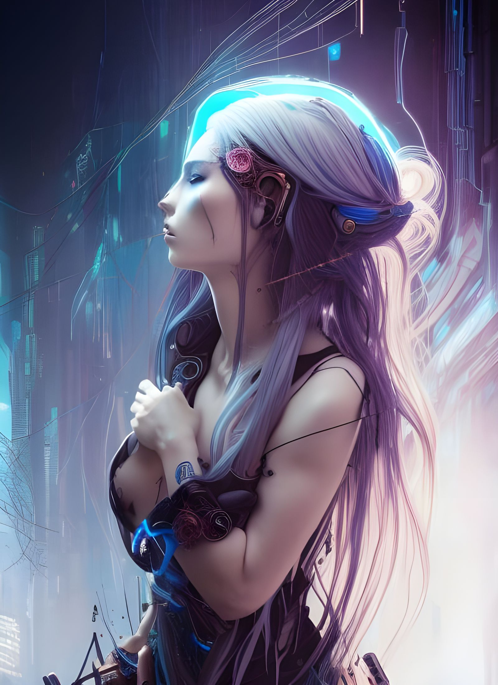 Cyberpunk Goddess with Blue Hair, Digital Illustration