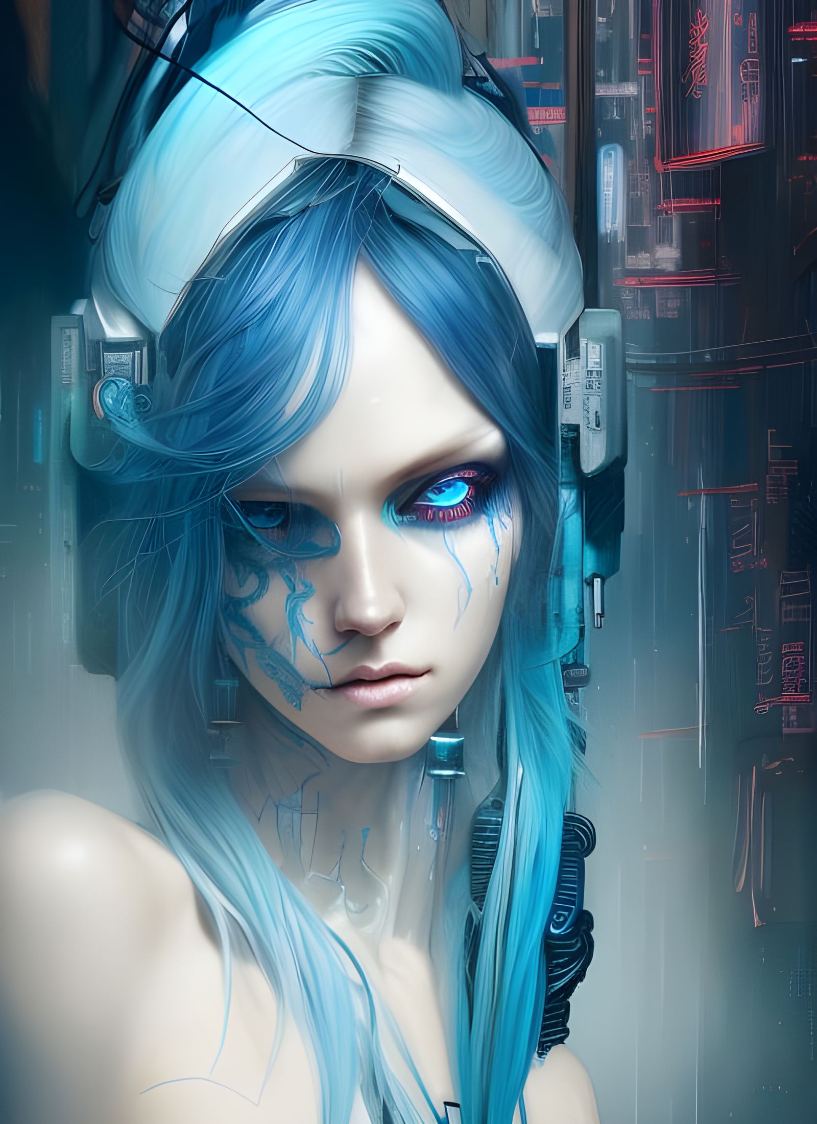 Cyberpunk Goddess with Blue Hair: Digital Illustration