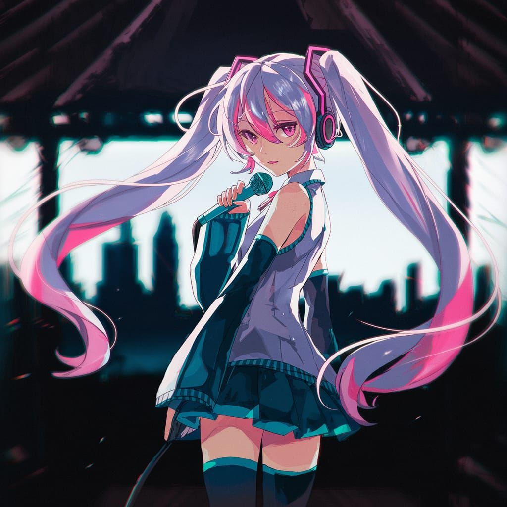 Cinematic Hatsune Miku Persona in Dark Stage, Cel-Shaded Ani...