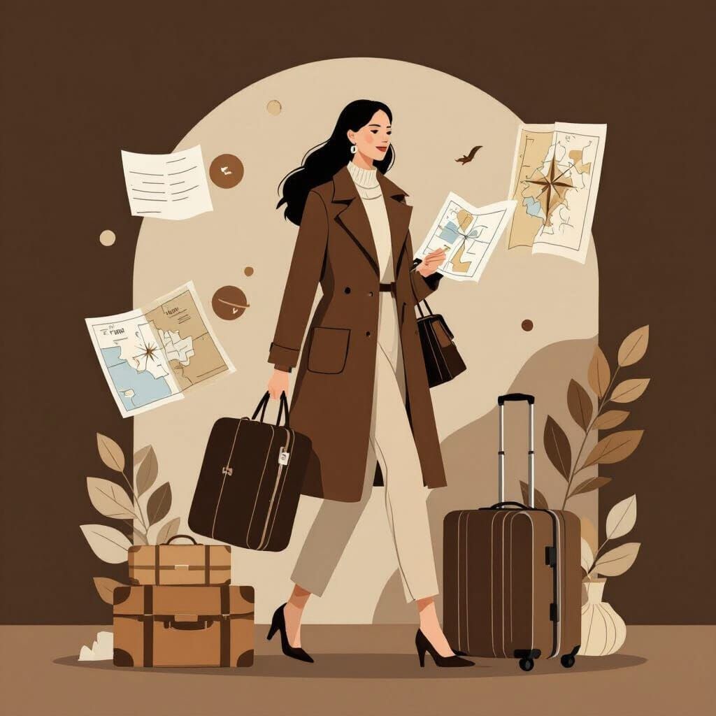 Elegant Woman's Travel: Minimalist Art in Warm Tones