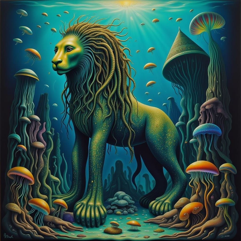 Majestic Underwater Sphinx in Vibrant Bioluminescent Scene