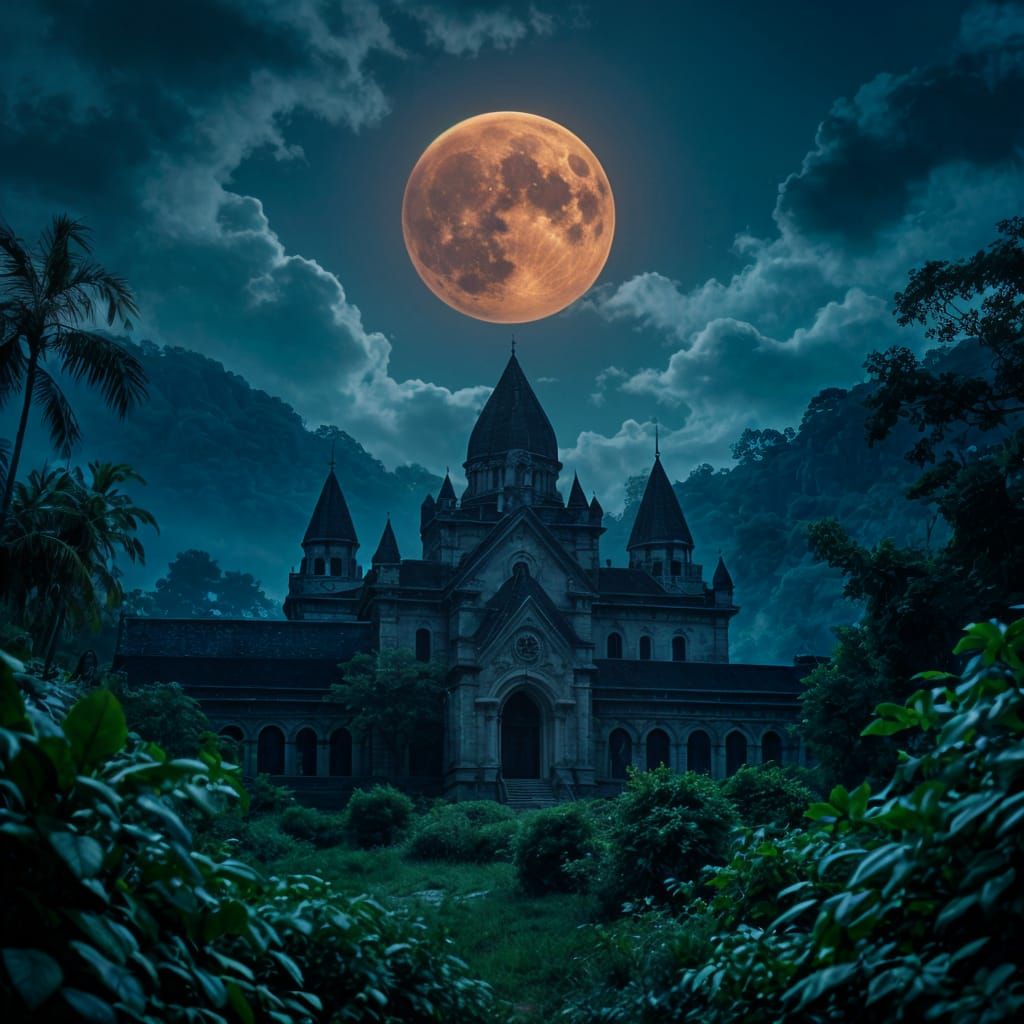 Dramatic Monastery Scene with Blood Moon