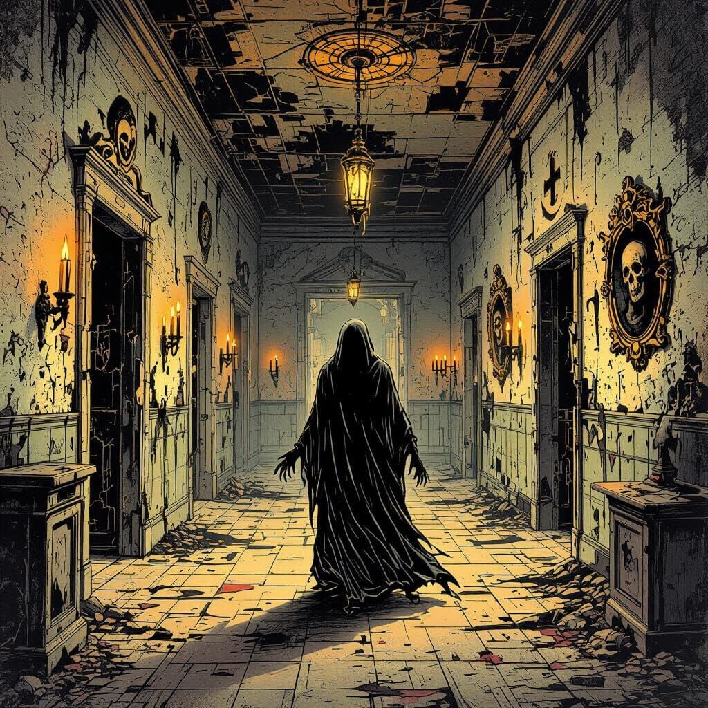 Macabre Spectral Figure in Abandoned Asylum Illustration