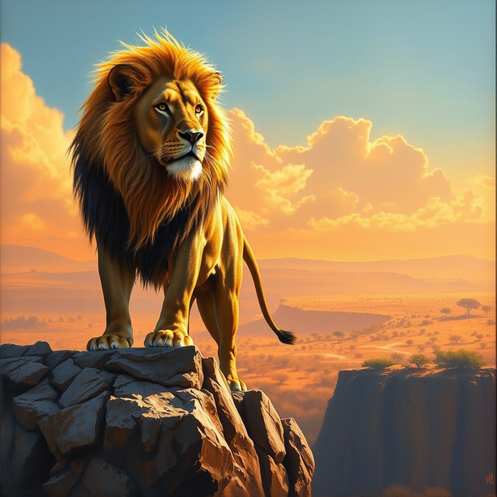 A majestic lion with a flowing mane of pure gold stands atop...